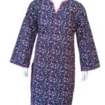 Girls navy blue long sleeve shirt and wide-leg trousers with pink ditsy floral print and lace neckline.