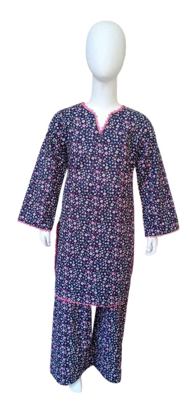 Girls navy blue long sleeve shirt and wide-leg trousers with pink ditsy floral print and lace neckline.