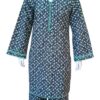 Girls navy blue and teal green geometric lattice floral print 2-piece suit with teal lace borders.