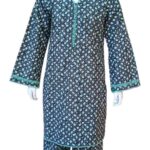 Girls navy blue and teal green geometric lattice floral print 2-piece suit with teal lace borders.