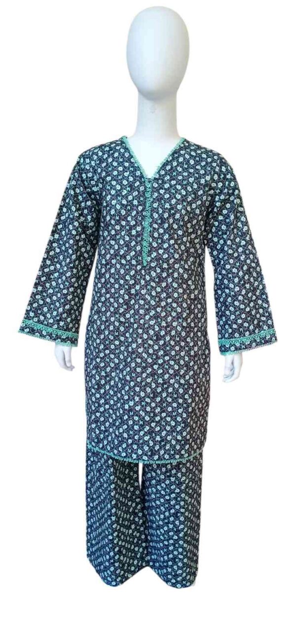 Girls navy blue and teal green geometric lattice floral print 2-piece suit with teal lace borders.