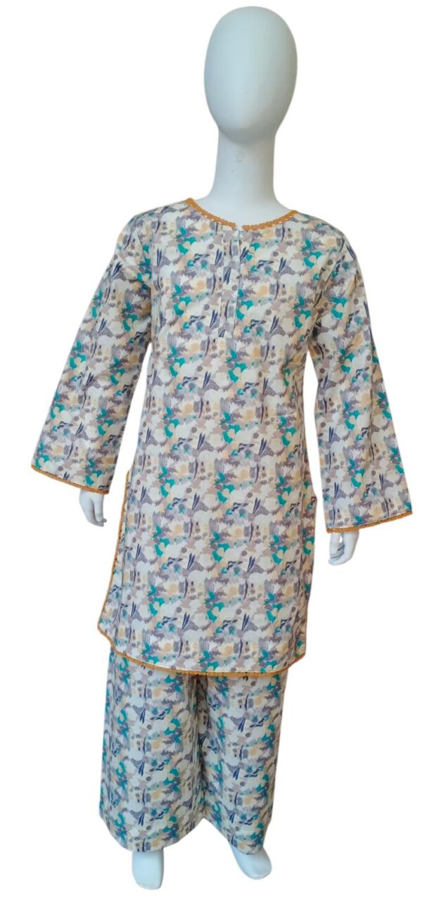 Girls Printed Cotton 2PC Suit – Beige Abstract