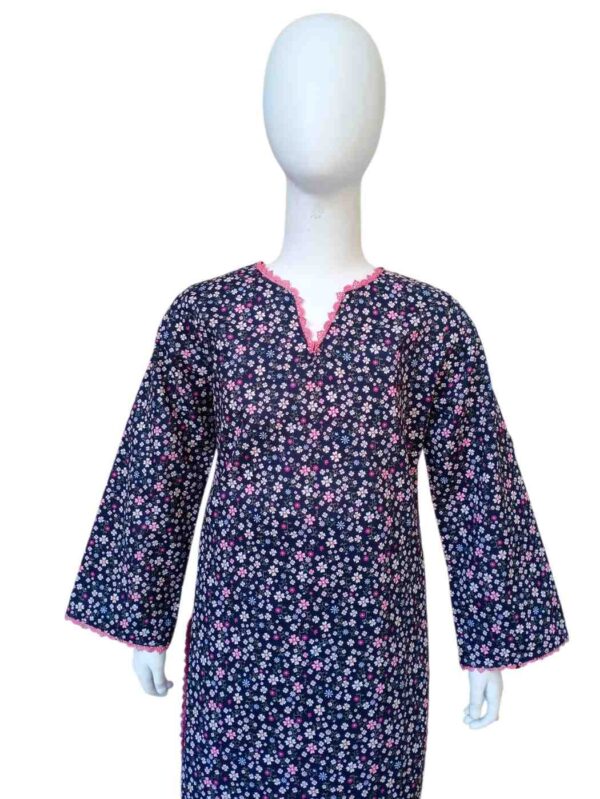 Girls Navy Blue Floral Print 2-Piece Cotton Suit